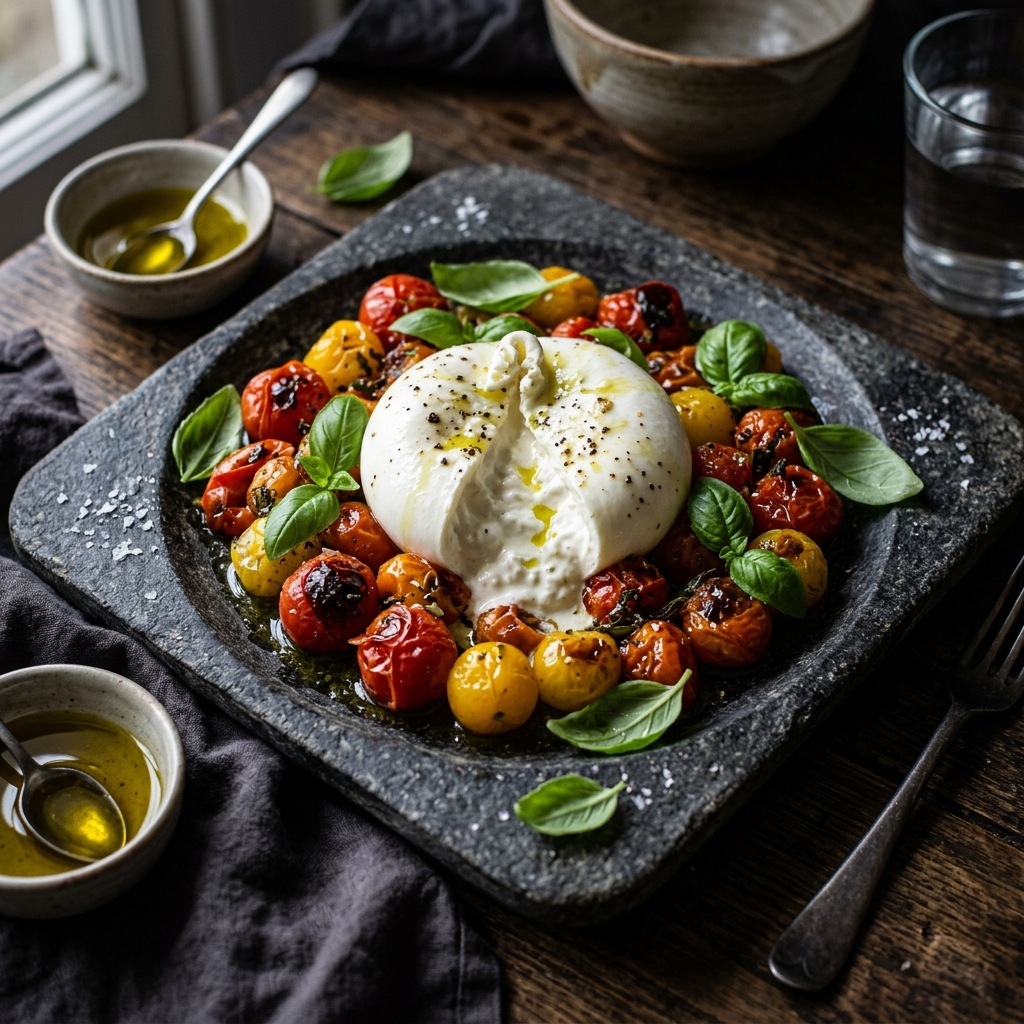 Burrata gourmet con pomodorini confit e olio al basilico