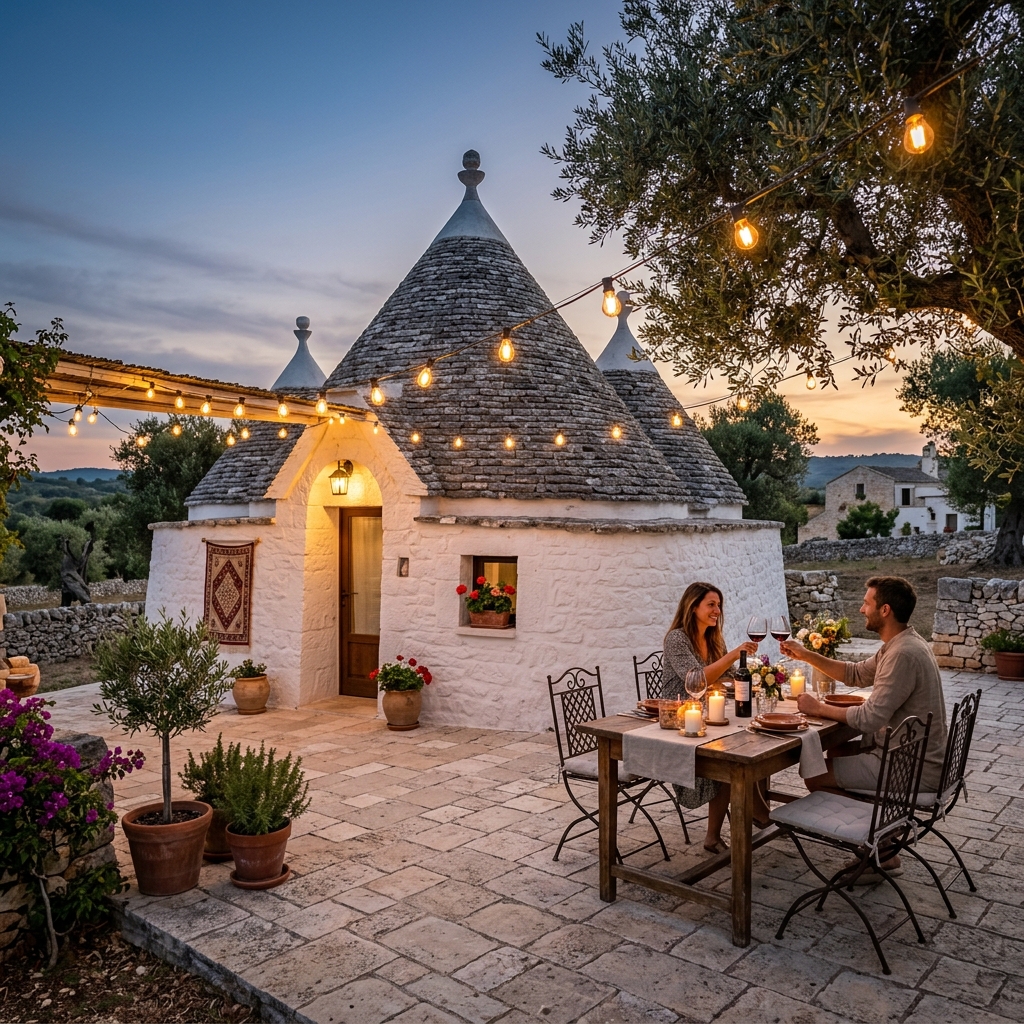 Esterno in pietra con trullo illuminato